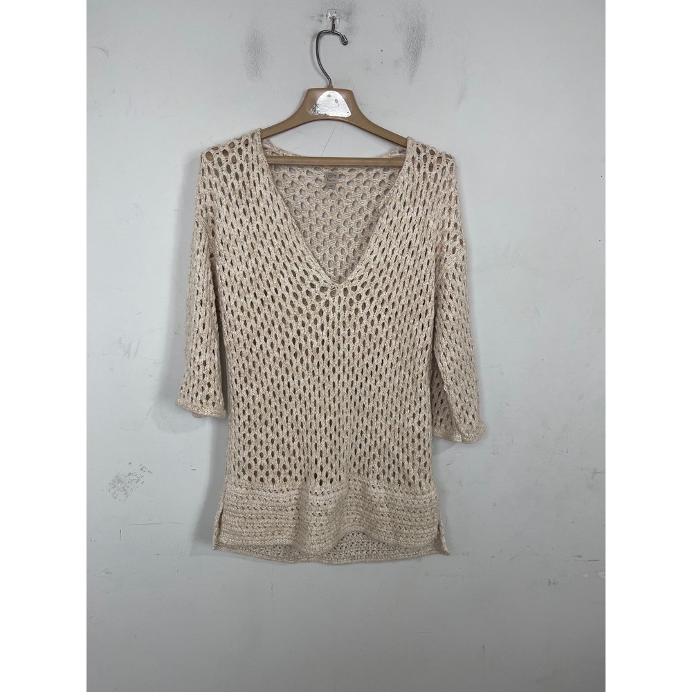 Ann Taylor LOFT Beach Cream Crochet Knit V-Neck Sweater Top 3/4 Sleeve Small